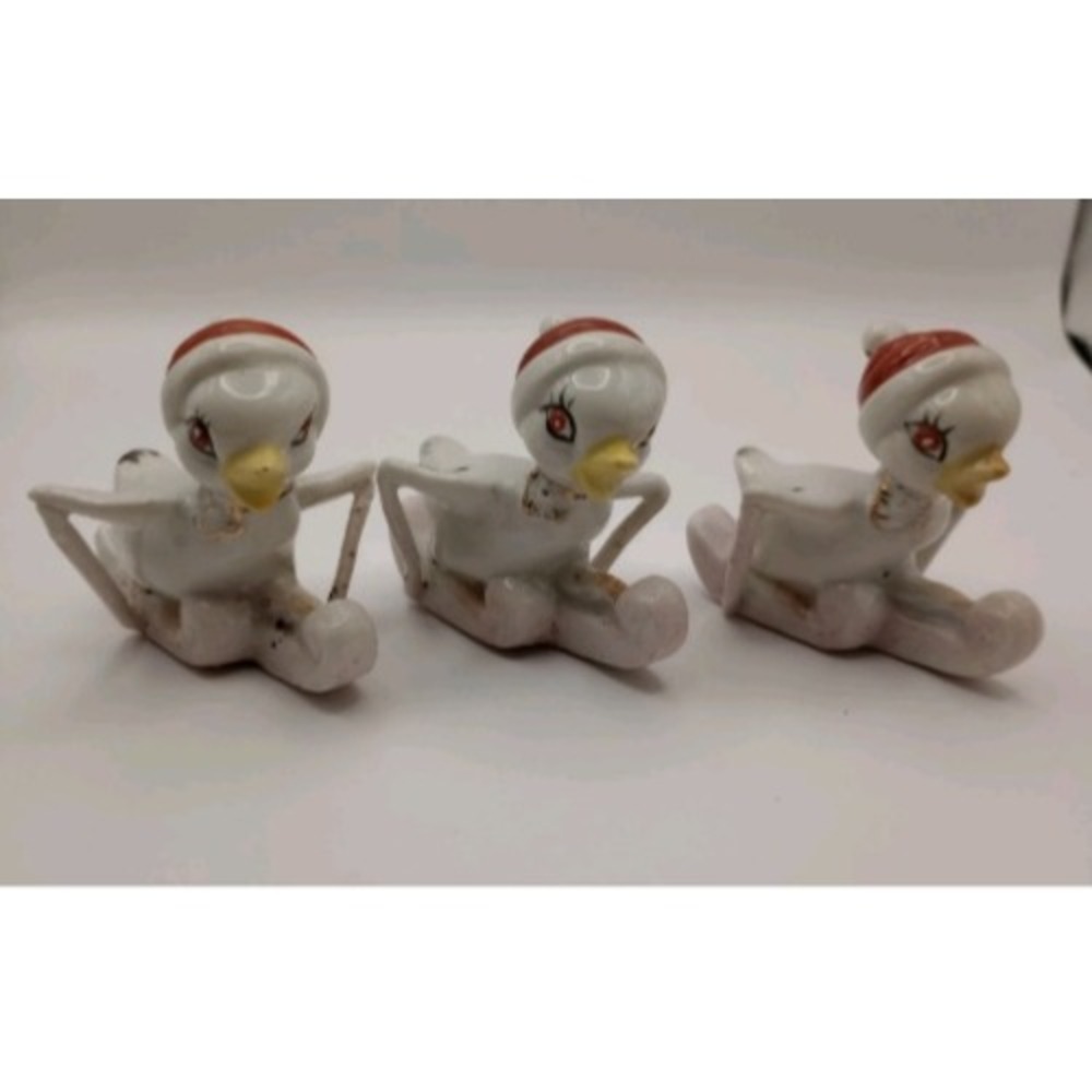 Vintage Ceramic Duck Figurines Set of 3 Winter Sledding Birds Red Hats Decor